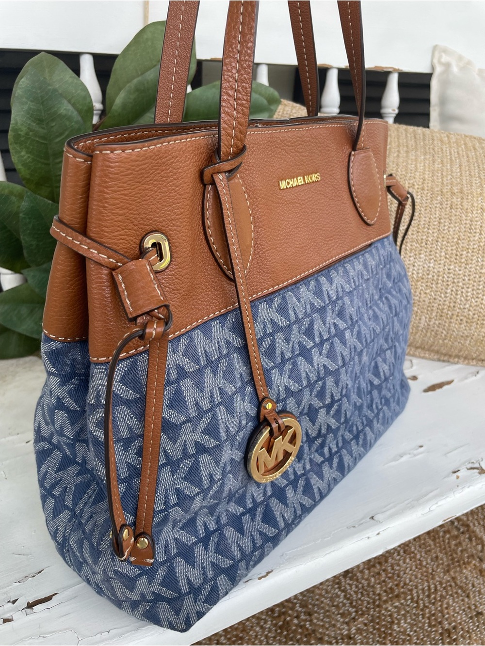 Michael Kors Marina Blue Denim MK Tote Bag with Leather